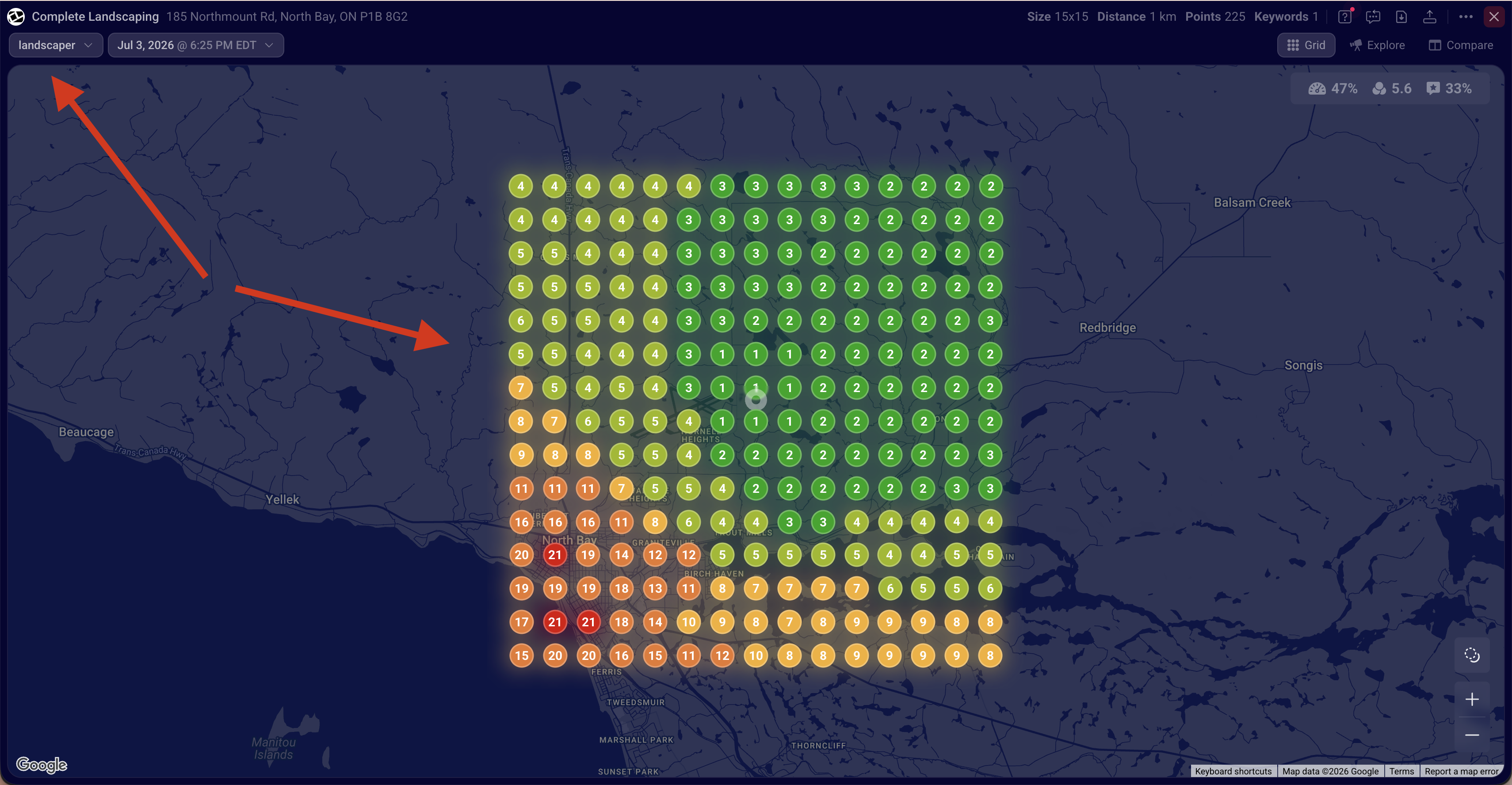 Complete Landscaping ranking grid for landscaper, mostly green, average position 5.6