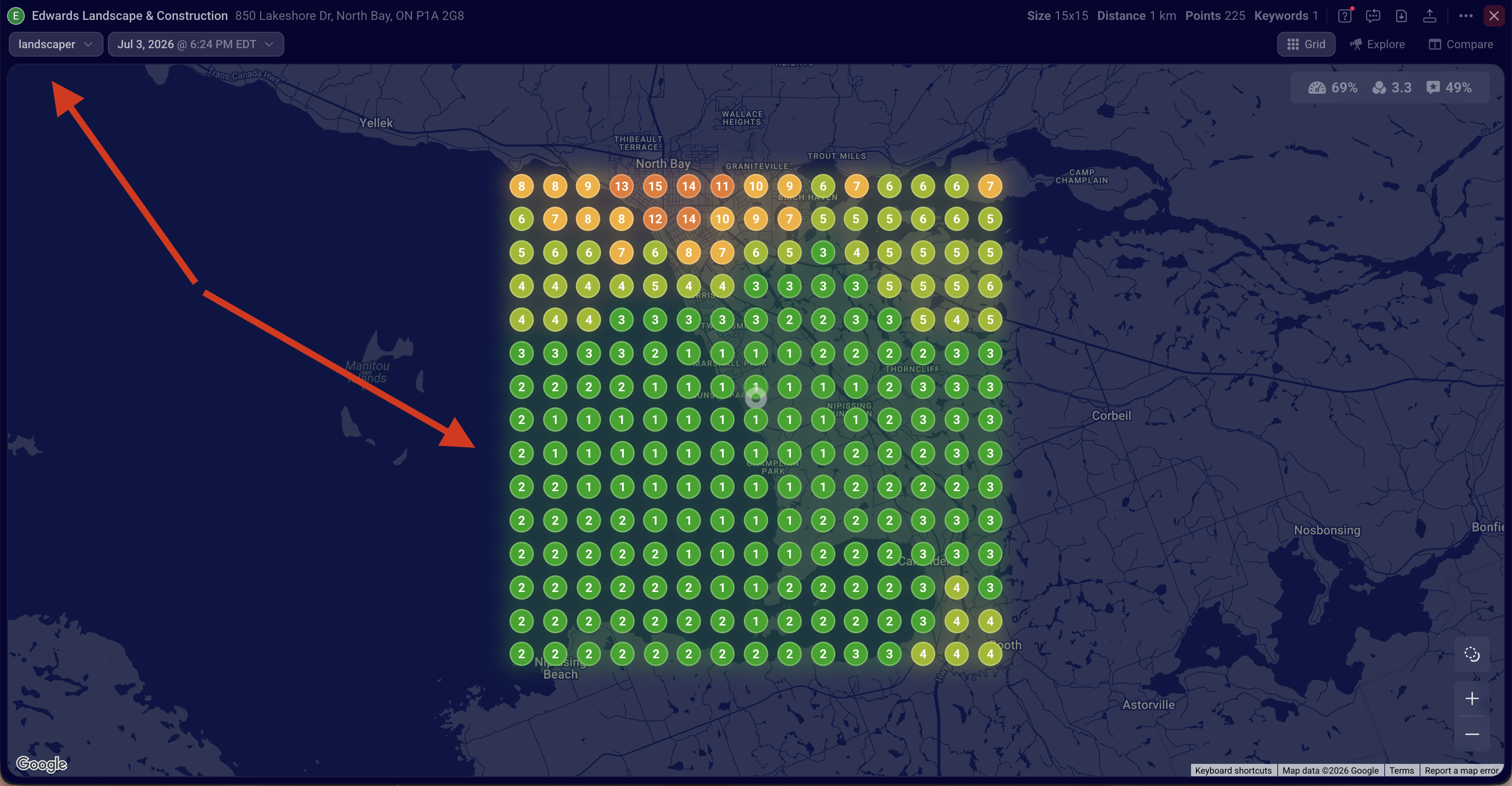 Edwards Landscape and Construction ranking grid for landscaper, almost entirely green, average position 3.3