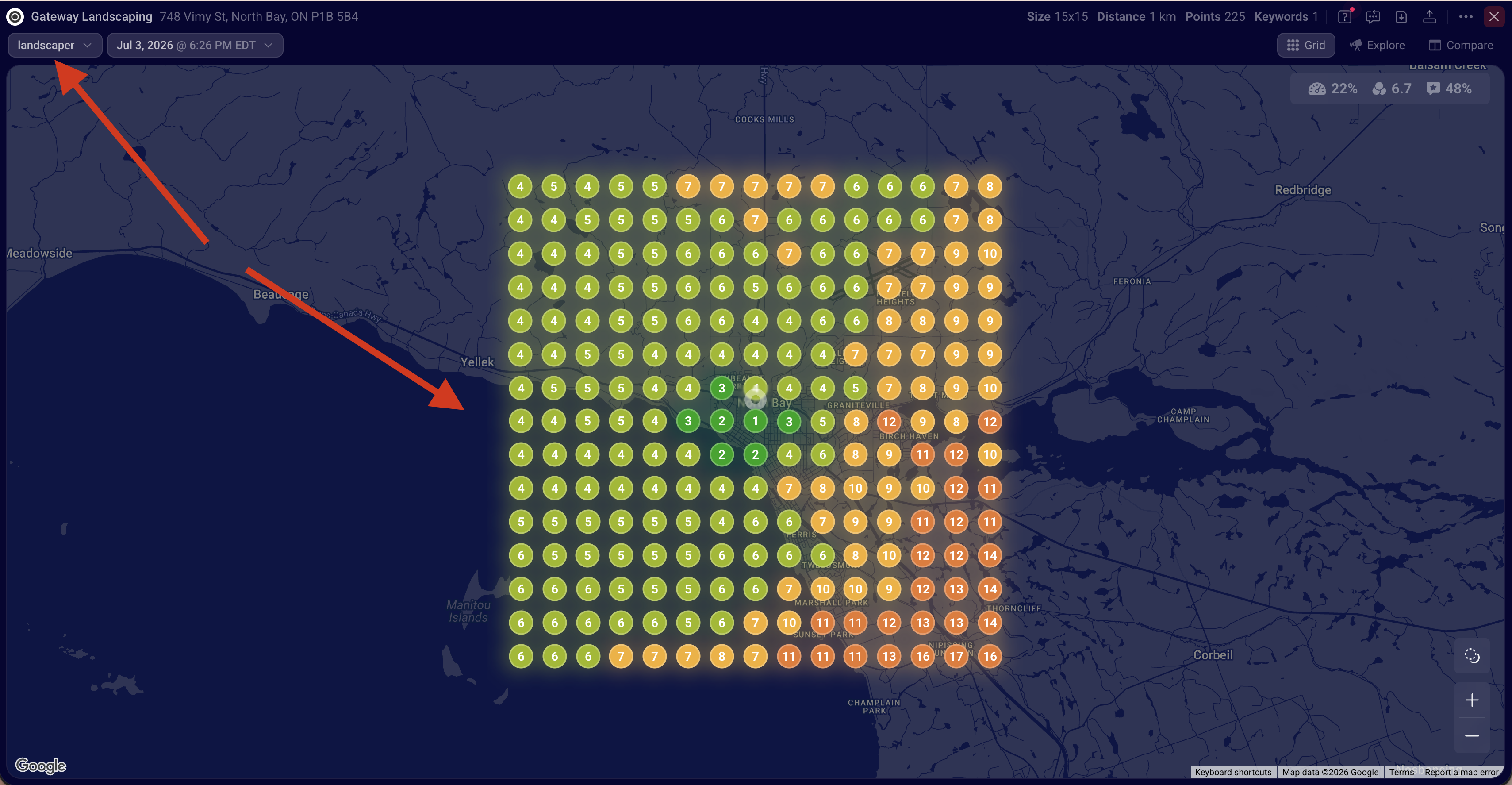 Gateway Landscaping ranking grid for landscaper, mostly green on the west, average position 6.7