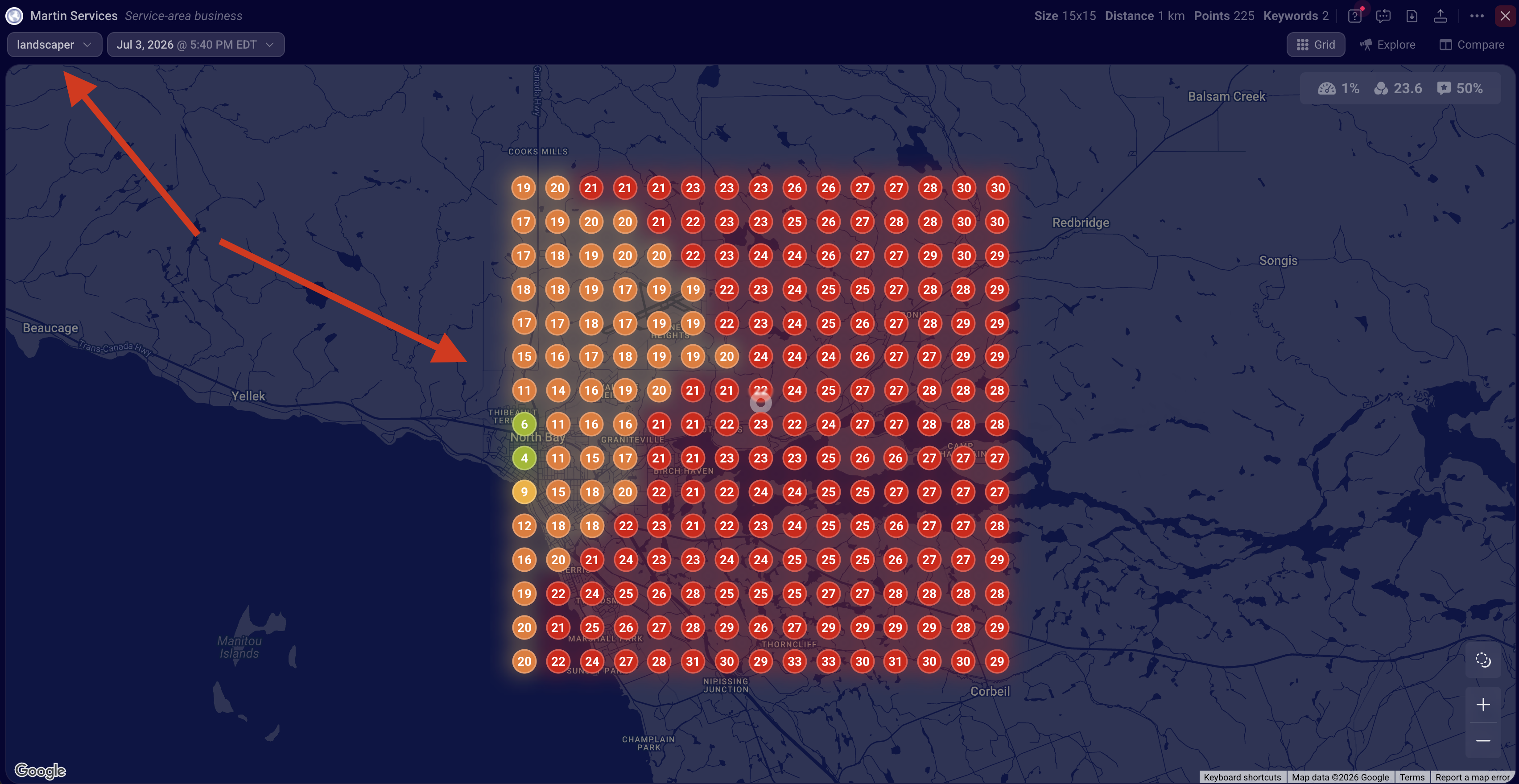 Martin Services ranking grid for the search landscaper across North Bay, mostly red, average position 23.6