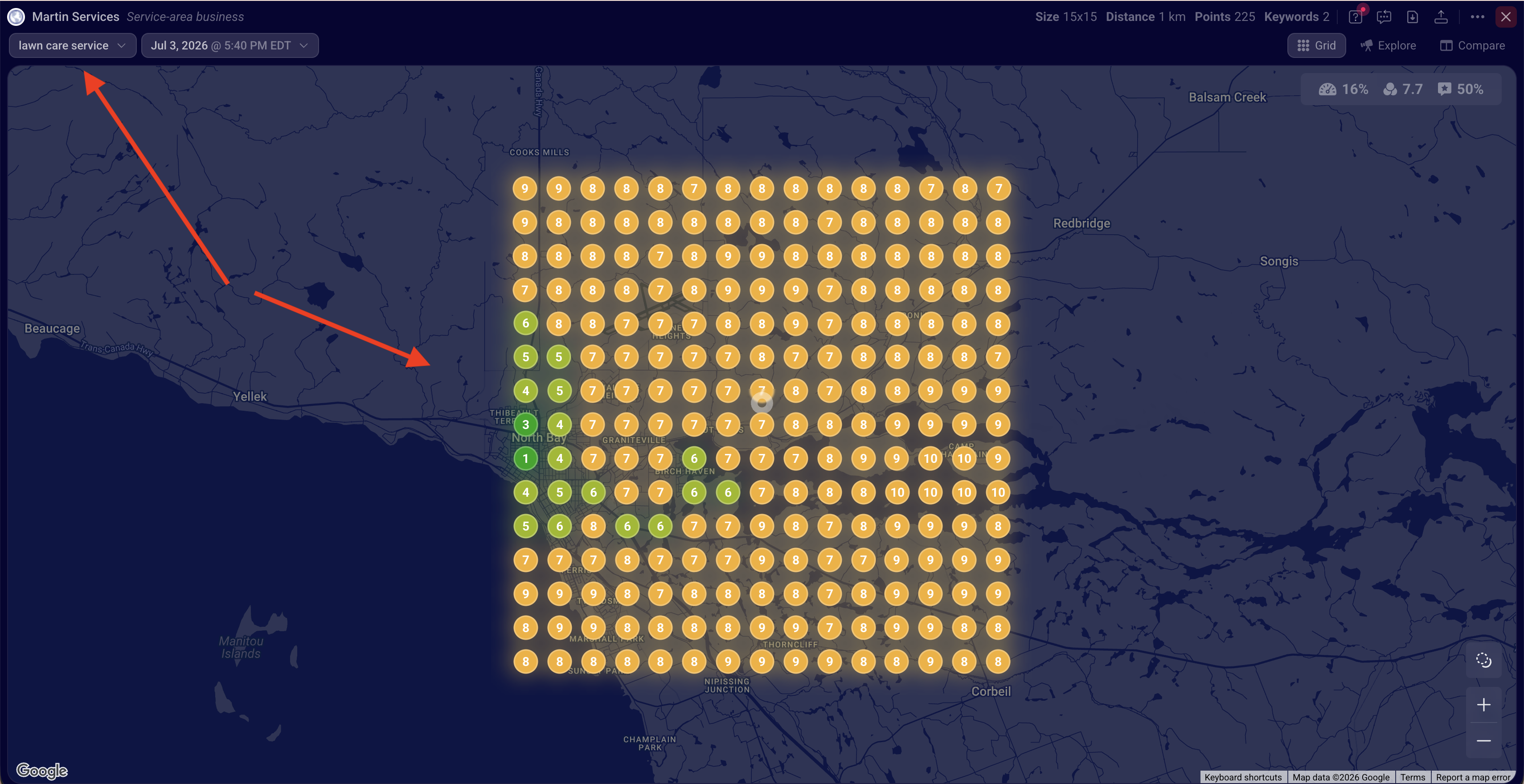 Martin Services ranking grid for the search lawn care service across North Bay, mostly orange, average position 7.7